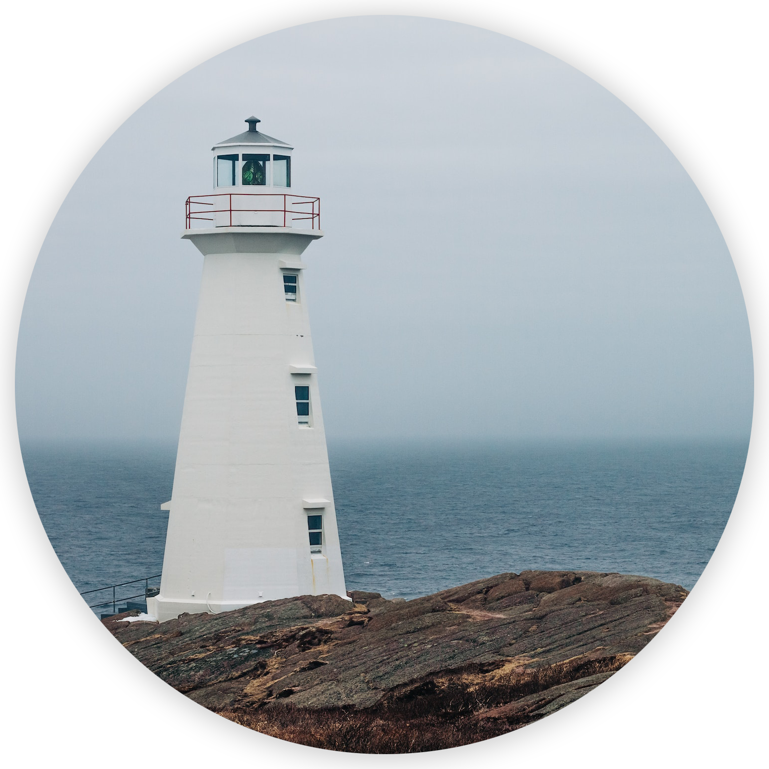 A white lighthouse on a cliff