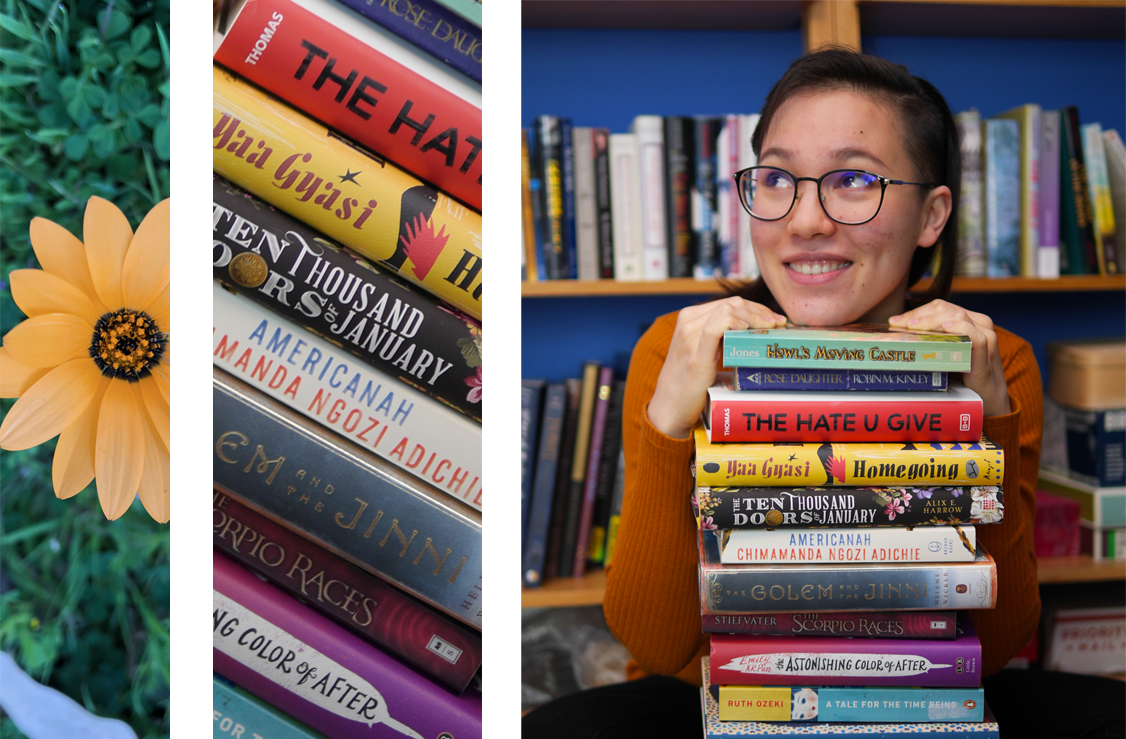 Three photos showing Anja Hendrikse Liu, books, and flowers